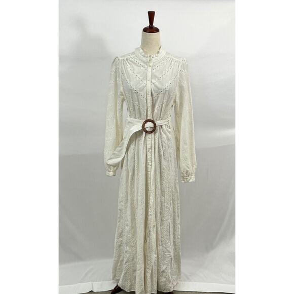 SEZANE Sz 40 8 Ecru Havane Eyelet Belted Maxi Shirt Dress - Picture 8 of 11